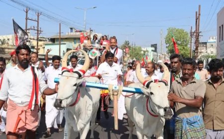 திருச்சியில் முன்னாள் அமைச்சர் விஜயபாஸ்கர் மாட்டு வண்டி ஓட்டி அதிமுக வேட்பாளர் கருப்பையாவுக்கு வாக்கு சேகரிப்பு